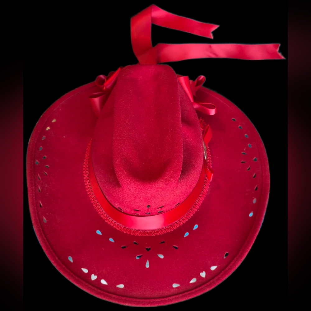 100% Wool red hat, Nancy Hughes Hat Company, decorative cutout design